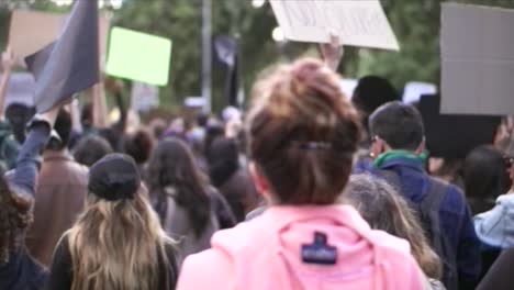 Eine-Frau-In-Pfirsichfarbener-Kleidung-Berührt-Ihr-Haar-Während-Einer-Protestkundgebung,-Bei-Der-Männer-Und-Frauen-Schilder-Und-Fahnen-Hochhalten