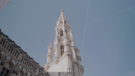 Ornate,-Town-Hall-Tower,-Grote-Markt-Square,-Blue,-Clear-Sky,-Close-Up