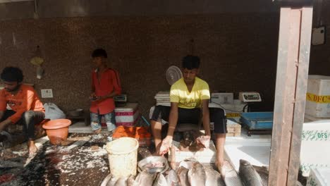 Gente-Raspando-Las-Escamas-De-Peces-Muertos-Listos-Para-Ser-Vendidos-En-El-Mercado-De-Pescado-De-Bristol-En-India