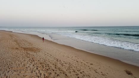 Vista-Aérea-De-Una-Persona-Caminando-Por-La-Playa-Durante-La-Puesta-De-Sol-En-Costa-Da-Caparica,-Portugal