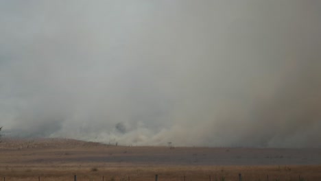 Fuego-De-Pasto-Alimentado-Por-Fuertes-Vientos-En-Un-Día-Cálido-En-Australia,-Humo-Espeso-Y-Bramido