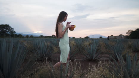 Teenager-holding-mezcal-drink-on-clay-jar-leaving-an-Agave-Plantation-in-Jalisco,-Mexico---Tracking-shot