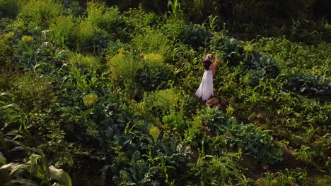 Woman-With-White-Dress-Dancing-Happily-Near-Her-Dogs-In-Green-Field-,-Lima,-Peru