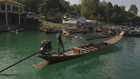 Drone-Aerial-View-of-Tropical-Lagoon-and-Typical-Long-Tail-Boats-in-Thailand-Countryside