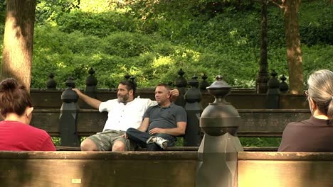 Same-Sex-Couple-Sitting-On-Bench-In-Public-Park-With-People-Going-By