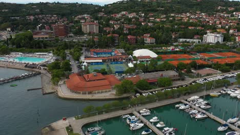 Drone-aerial-left-rotating-flying-view-of-Portoroz-before-ATP-Challenger-Slovenia-Open-tennis