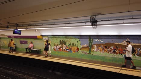 Toma-De-Establecimiento-De-La-Estación-De-Metro-Con-Obras-De-Arte-De-La-Cultura-Artística-Nativa-De-Jujuy,-Línea-E-Del-Subte