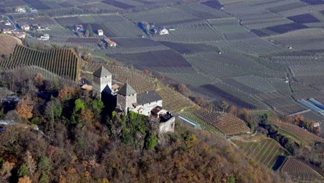 View-towards-Leonburg-Castle-from-above,-Lana,-South-Tyrol,-Italy