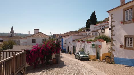 Portugal,-Óbidos,-cozy-traditional-street-and-houses-with-colorful-flower-on-a-sunny-day