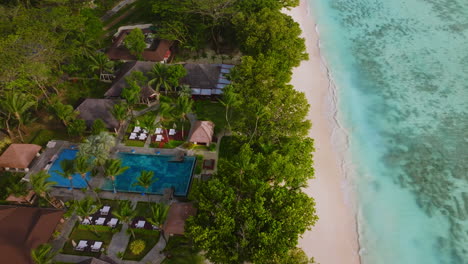 Aerial-drone-view-of-travel-destination-exotic-beach-resort-in-the-Seychelles-Islands