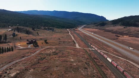 Flying-over-and-panning-down-on-a-BNSF-Railway-Train