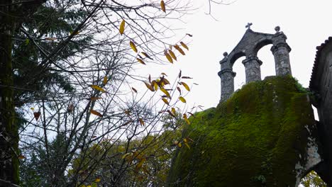 An-old-building-with-a-Christian-cross-on-top-surrounded-by-trees-and-tree-branches-with-dry-leaves-moving-gently-in-the-wind