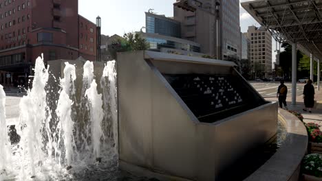 Reloj-De-Fuente-Al-Aire-Libre-En-La-Entrada-Este-De-La-Estación-Jr-Kanazawa-Con-Edificios-Circundantes