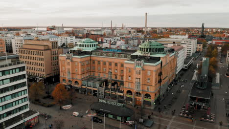 Wide-aerial-orbit-shot-of-Typical-European-City-Architecture-with-a-mix-of-old-and-modern-buildings-in-Northern-Europe