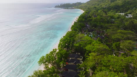 Aerial-drone-view-of-travel-destination-exotic-beach-resort-in-the-Seychelles-Islands