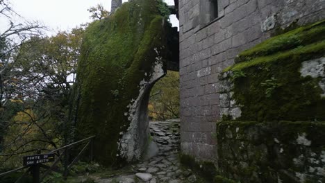 Drone-shot-crossing-the-narrow-entrance-between-rocks-and-gray-slatted-walls-of-a-majestic-and-ancient-construction-surrounded-by-trees-and-nature