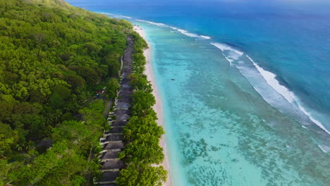 Aerial-drone-view-of-travel-destination-exotic-beach-resort-in-the-Seychelles-Islands