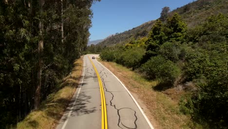 Drone,-aerial-cinematic-shots-of-a-Ford-Mustang-traveling-into-scenic-beauty-of-Nature