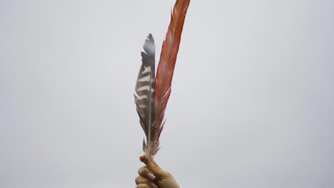 Woman-doing-a-ritual-with-a-feather-in-her-hand-directing-it-towards-the-sky-with-smoke-and-incense,-mystical-spiritual-and-religious-energy