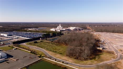 An-aerial-view-of-the-Shri-Swaminarayan-Mandir-in-Robbinsville-Twp,-NJ-on-a-sunny-day,-it-was-closed-for-the-day