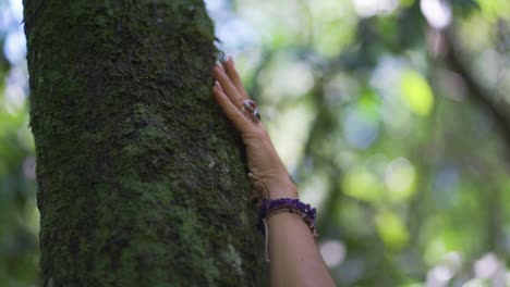 Female-hand-with-rings-and-bracelets,-caressing-tree-in-the-middle-of-the-forest-and-nature