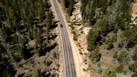 Eine-Filmische-Drohnenaufnahme-Aus-Der-Luft-Eines-Schwarzen-Ford-Mustang,-Der-Auf-Der-Autobahn-Fährt