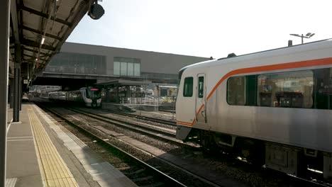 View-Of-Pair-Of-HC85-Series-Diesel-Electric-Hybrid-Trains-At-Takayama-Station-Railway-Beside-Platform