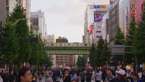 Toma-Estática-En-Cámara-Lenta-Mientras-Pasa-El-Tren-Y-La-Gente-Camina-Por-Las-Calles-De-La-Ciudad-Eléctrica-De-Akihabara.