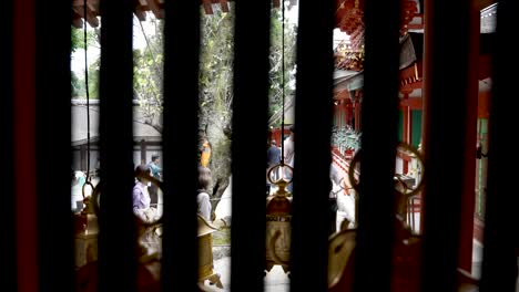 Through-wooden-slats-at-Kasuga-taisha-Shrine-in-Japan,-a-slow-motion-sequence-captures-visitors-strolling-by,-offering-a-contemplative-view-of-the-cultural-and-spiritual-ambiance