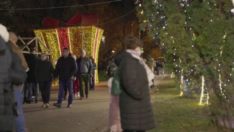 Gente-Caminando-Casualmente-Por-El-Parque,-Decorado-Con-Luces-De-Celebración,-En-El-Día-Nacional-De-Galati-En-Rumania---Plano-General