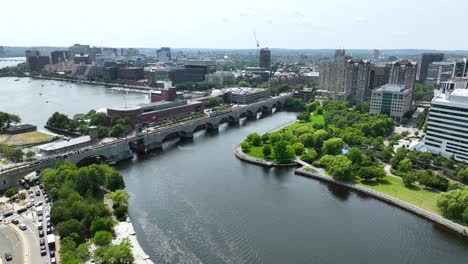 Drone-shot-of-the-North-Point-Park-near-Boston's-Charles-River-Dam-bridge