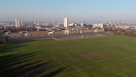 Aerial-of-Royal-Artillery-Barracks,-London-Skyline-and-the-River-Thames