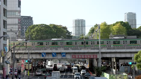 Double-decker-train-with-two-levels-of-compartments,-city-backdrop-of-vibrant-energy