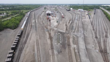 Flat-Rock-Yard,-train-yard,-Flat-Rock,-Michigan,-USA,-aerial-dolly-in