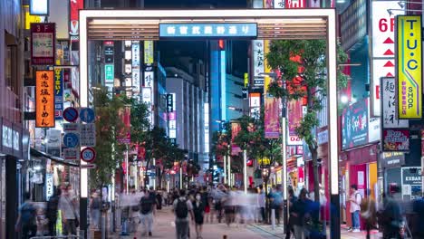 Vista-De-La-Calle-Lapso-Nocturno-De-Letreros-De-Neón-Y-Luces-En-La-Calle-Peatonal-Del-Centro-En-La-Calle-Musashino-En-Shinjuku,-Tokio,-Japón