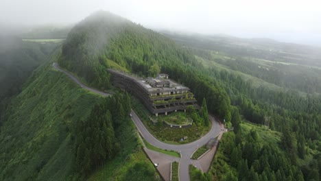 Bird's-eye-view-of-Monte-Palace-ruins-in-middle-of-green-vegetation-in-Azores