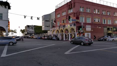 Venice-sign-at-the-corner-of-Pacific-Ave---Windward-Ave,-during-sunset,-in-Los-Angeles,-California,-USA---Static-shot