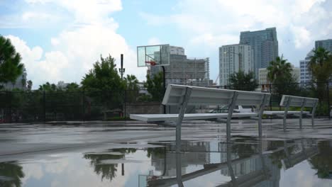 Cancha-De-Baloncesto-Vacía-Y-Húmeda-Bajo-El-Paisaje-Urbano-Del-Distrito-De-Negocios-De-Rascacielos-Urbanos