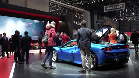 Geneva,-Switzerland---March-12th,-2019:-Wide-angle-shot-of-a-bright-blue-Ferrari-F8-at-Autosalon-Geneva-Motor-Show-2019,-Switzerland