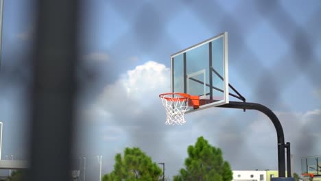 Esgrima-De-Juegos-Desenfocados-Observando-El-Aro-De-Baloncesto-Contra-El-Cielo-Azul-Nublado