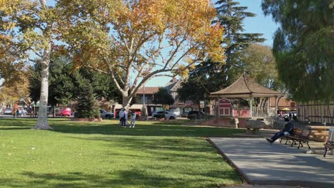 Gente-Parada-En-El-Parque-Y-Auto-Estacionado-En-La-Calle-En-Solvang,-California-En-Un-Día-Soleado-En-Invierno---Toma-Estática