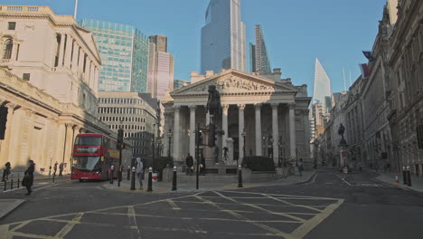 Bank-of-England-with-empty-roads-and-quiet-streets-with-almost-no-people-and-traffic-during-the-Coronavirus-pandemic-Covid-19-lockdown,-taken-at-rush-hour-in-the-City-of-London,-England,-Europe