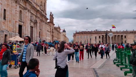 Una-Mujer-Camina-Por-La-Plaza-Principal-Del-Centro-Histórico-De-Bogotá,-Colombia.