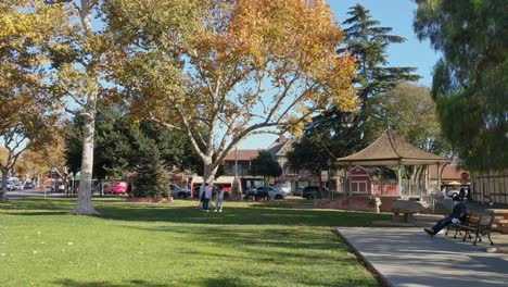 Menschen-Stehen-An-Einem-Sonnigen-Wintertag-Im-Park-Und-Sitzen-Auf-Bänken-In-Solvang,-Kalifornien-–-Statische-Aufnahme