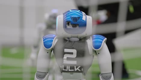 Defokussierter-Blick-Durch-Fußballtornetze-Auf-Nao-Roboter,-Die-Fußball-Spielen