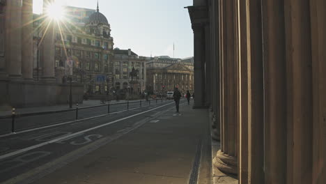 Empty-roads-and-quiet-streets-with-almost-no-people-and-no-traffic-during-the-Coronavirus-pandemic-Covid-19-lockdown,-taken-at-rush-hour-at-Bank-in-the-City-of-London,-England,-Europe