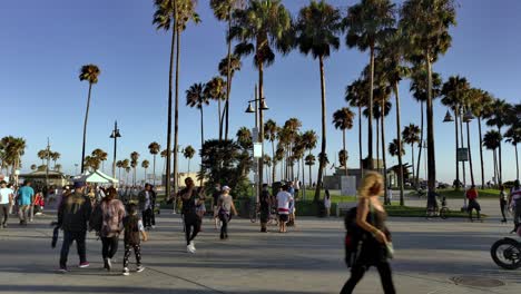 Gente-Enmascarada-Caminando-Por-El-Paseo-Marítimo-De-Venecia,-Por-La-Tarde,-En-Los-ángeles,-California,-Estados-Unidos---Silencio-Ante-La-Pandemia-Del-Coronavirus---Toma-Estática-De-Mano