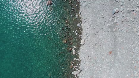 Elevated-serenity:-Bird's-eye-view-of-a-tranquil-lakeshore-in-captivating-stock-footage