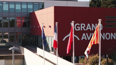 Toma-Aérea-En-órbita-De-Grand-Avignon-Con-Múltiples-Banderas-Ondeando-En-El-Viento.