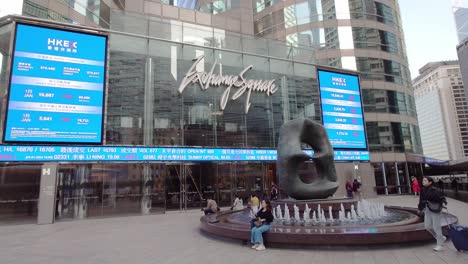 Cinematic-shot-of-people-walking-outside-Stock-Exchange-Center-of-Hong-Kong